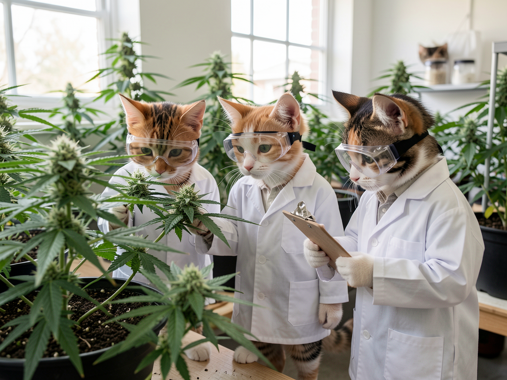 Three kittens in tiny lab coats inspecting cannabis plants