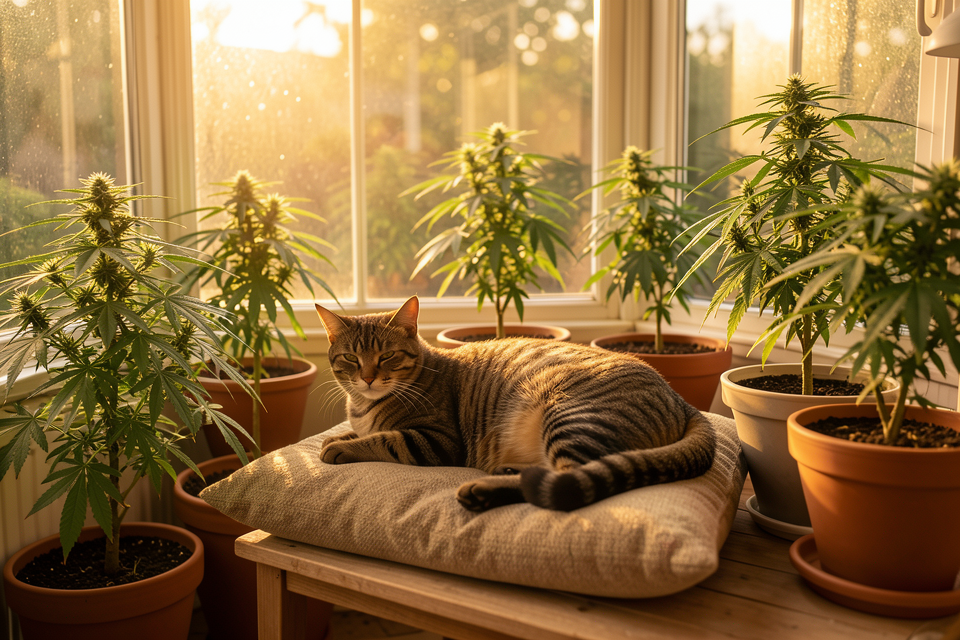 A relaxed tabby cat lounging in a sunny room among potted plants